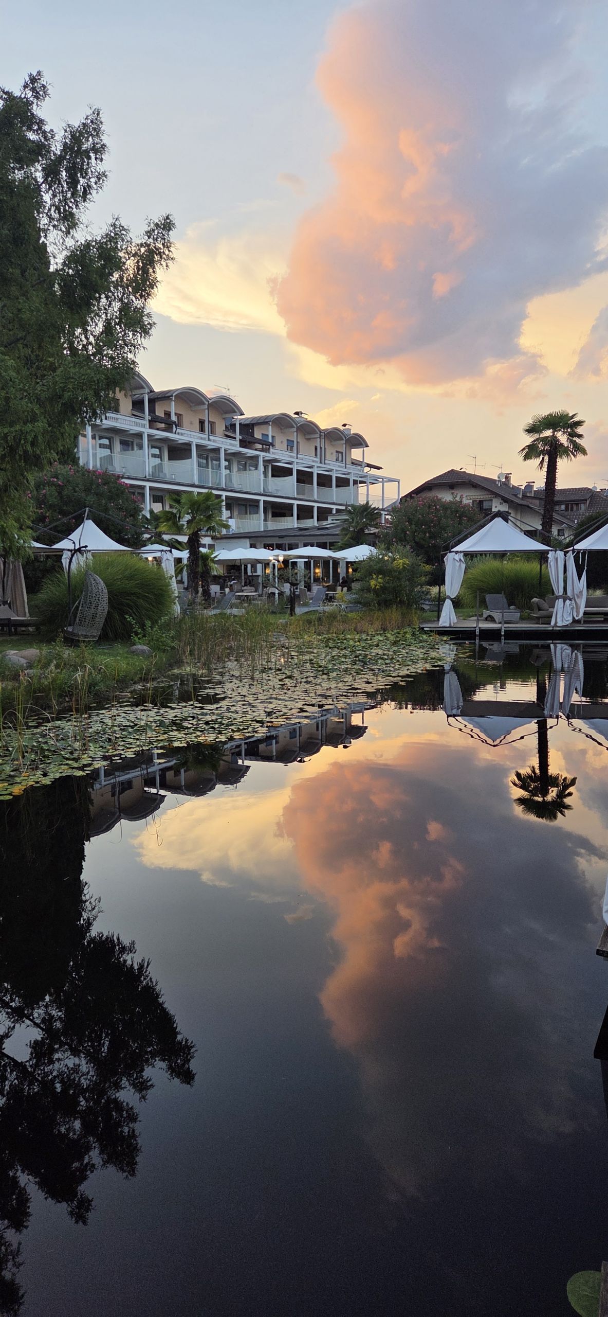 Hotel Weingarten in Eppan mit Naturbadeteich bei Sonnenuntergang